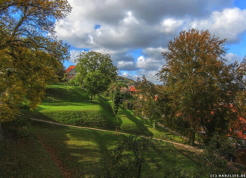 Blick vom Aussichtsturm an der Blankenburger Stadtmauer auf die Terrassen des Berggartens